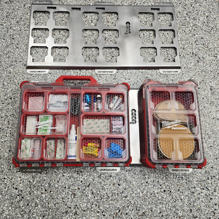 a display of a triple wide mounting bracket, bare metal, compared side by side to a mounting bracket with packout boxes attached, on a grey background