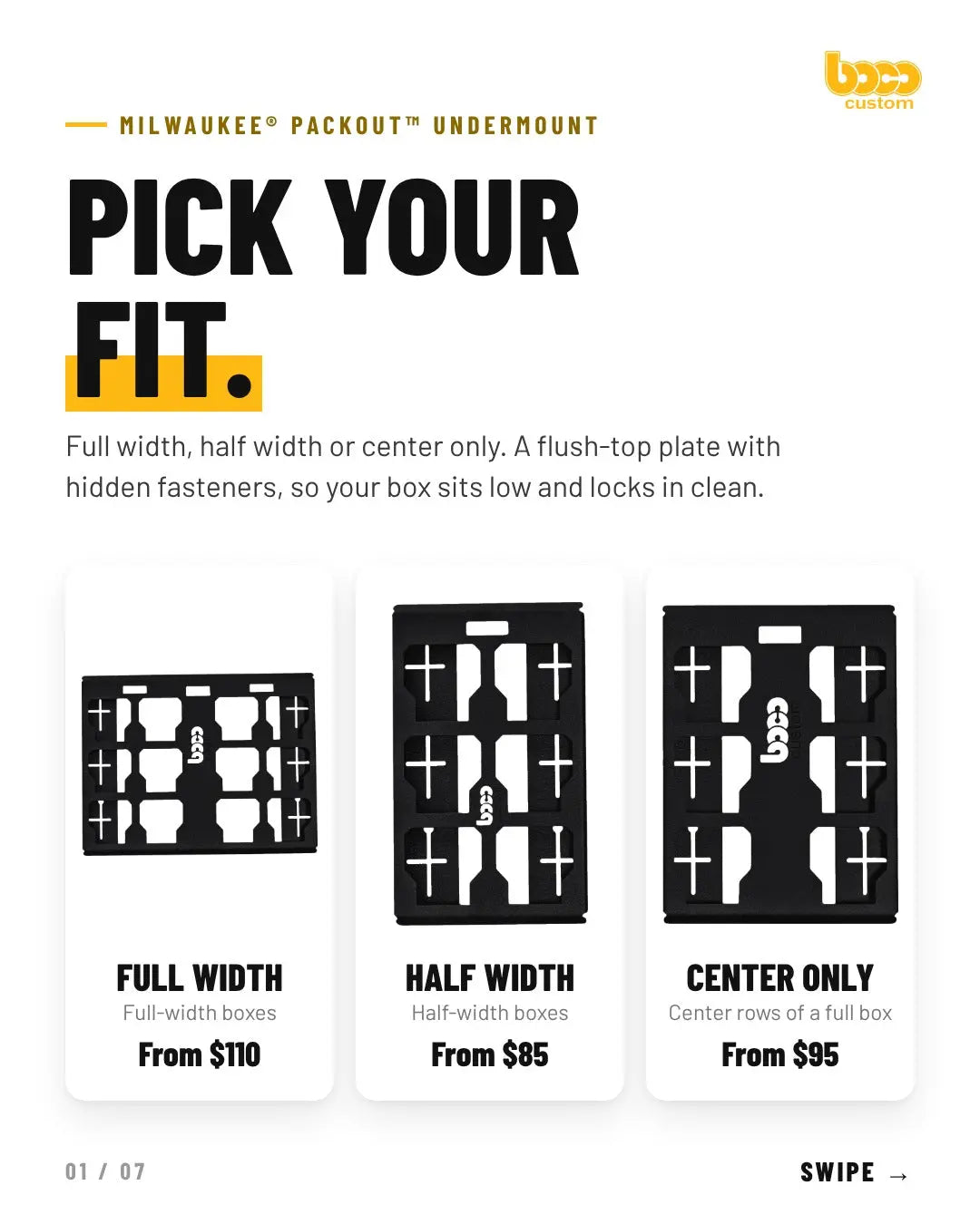 BOCO Custom Milwaukee PACKOUT undermount plates in full width, half width and center only
