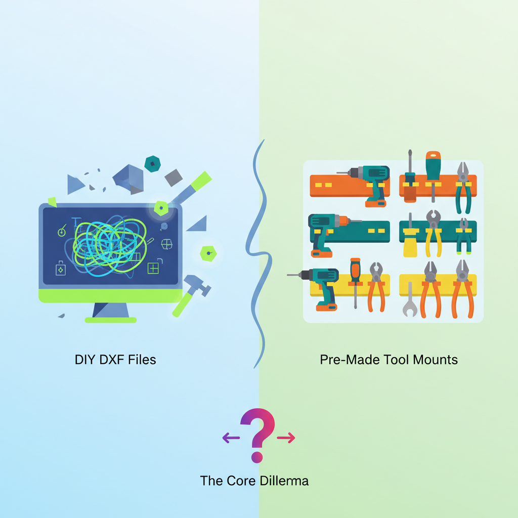Illustration for DIY DXF Files vs. Pre-Made Tool Mounts: Smart Choices for Workshop Organization