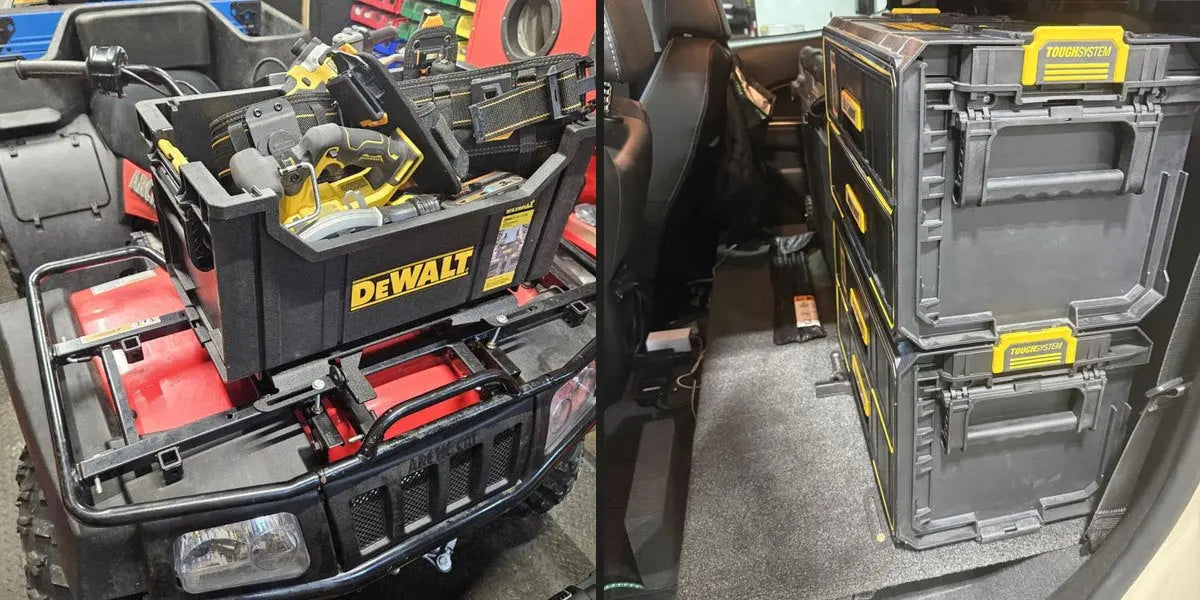 DEWALT ToughSystem 2.0 boxes mounted on an ATV rack and in a work truck with BOCO Custom mounting plates