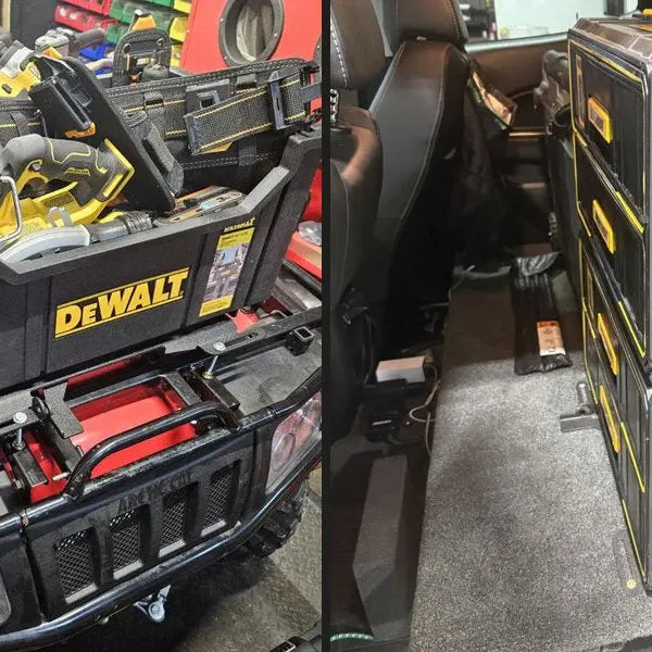 DEWALT ToughSystem 2.0 boxes mounted on an ATV rack and in a work truck with BOCO Custom mounting plates