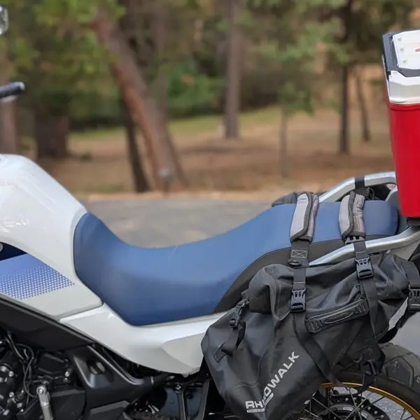 Honda XL750 Transalp with a Milwaukee PACKOUT cooler on a BOCO Custom undermount plate