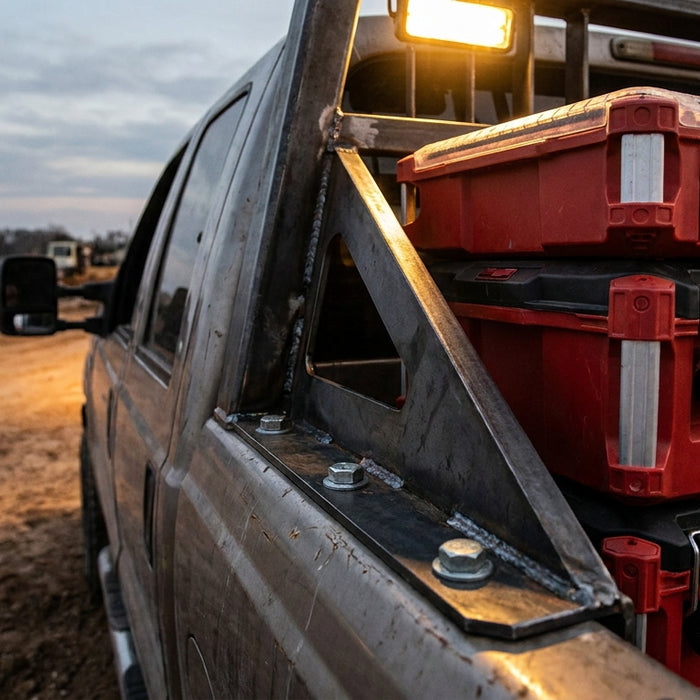 A heavy-gauge steel custom mount securing a Milwaukee Packout toolbox system to the bed of a rugged work truck on a job site.