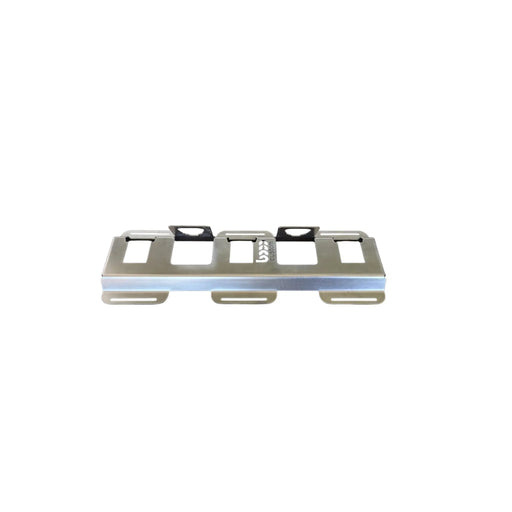 Empty 5-slot raw steel battery docking station for Milwaukee M18 and M12 batteries showing precision-cut mounting holes.