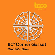 Graphic illustration of a 90-degree spider web corner gusset for weld-on steel applications featuring BoCo Custom branding on an orange background.