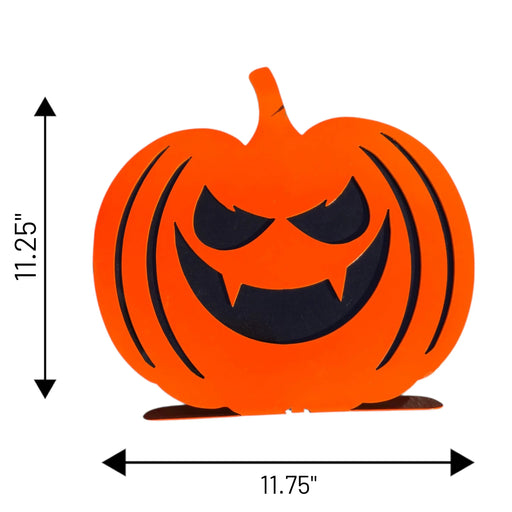 Front-facing view of an orange steel jack-o'-lantern with dimensions shown: 11.25 inches in height and 11.75 inches in width.