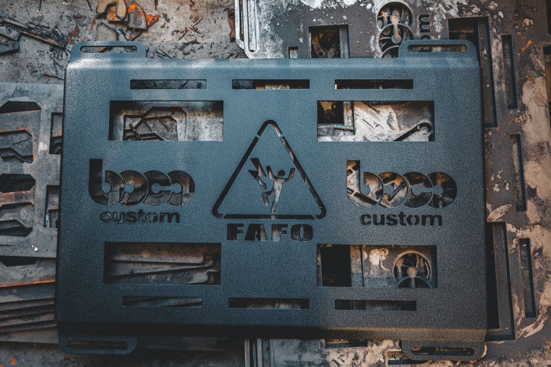 a boco custom mounting plate for Klein modbox on top of unprocessed metal