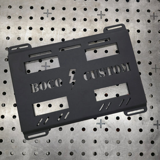 Full-width Klein MODbox mounting plate, black powder coat, lightning bolt cut-out design