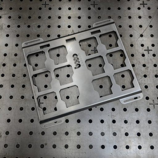 Un-Coated Milwaukee Packout steel mounting plate on a professional welding table—heavy-duty 10-gauge alternative to Milwaukee 48-22-8485 for custom shop builds.