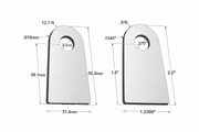 two side by side renderings of radius welding tabs with metric and standard measurements
