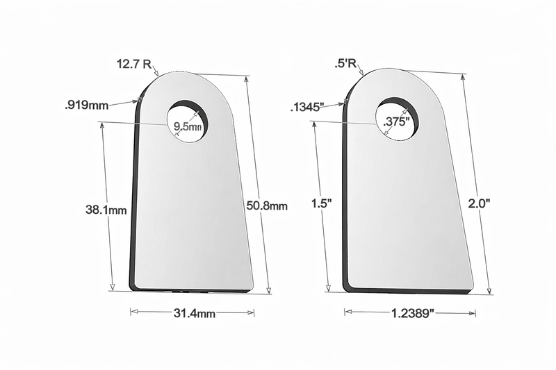 two side by side renderings of radius welding tabs with metric and standard measurements