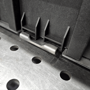 Close-up animation showing the steel locking arm securely latching and snapping onto a Bauer modular toolbox.