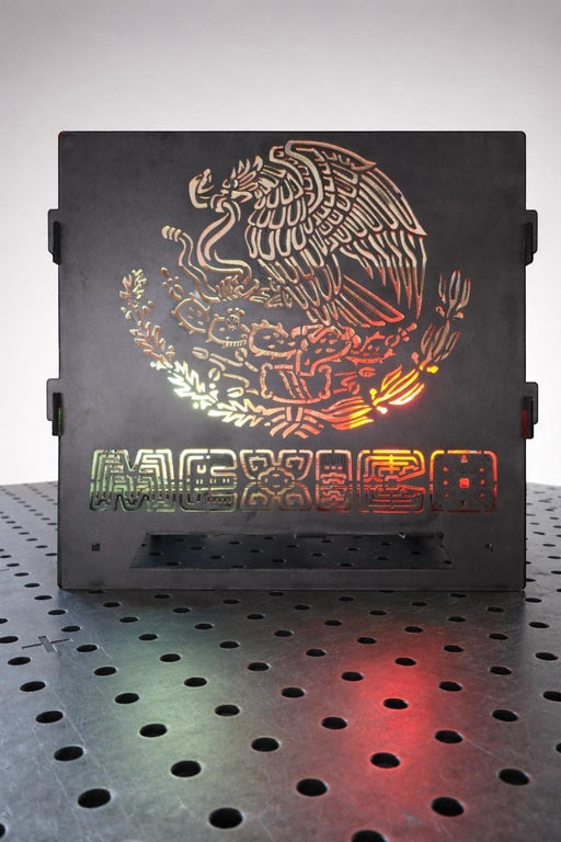 BOCO Custom LLC metal CNC file featuring the Mexico Coat of Arms and the word MEXICO, illuminated with red and green lights.