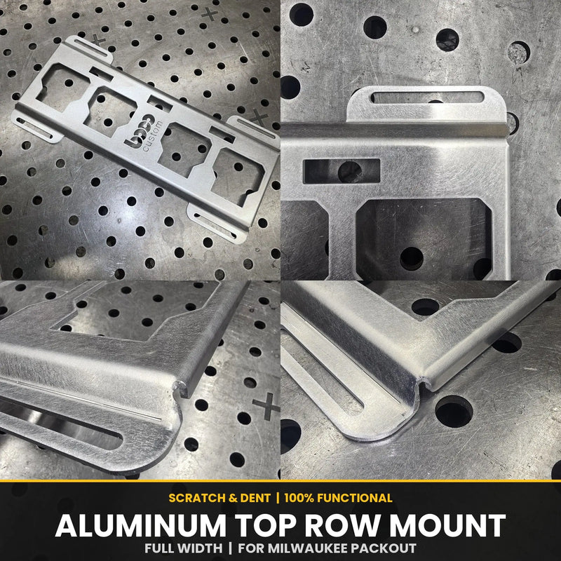 Scratch and dent aluminum top row mount for Milwaukee Packout, four photos showing imperfections