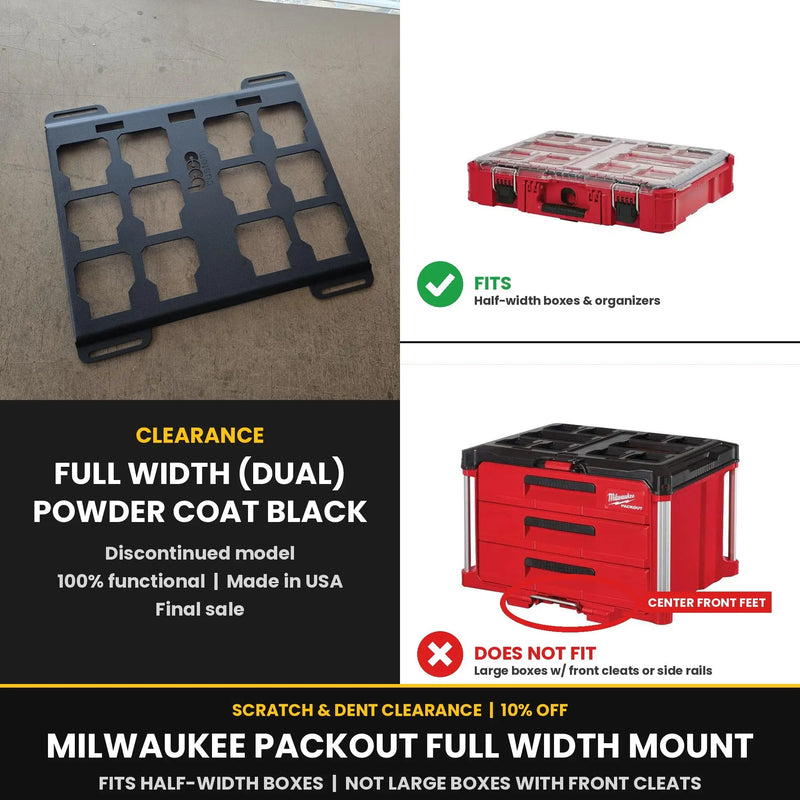 Discontinued full width Milwaukee Packout mounting plate in black powder coat, fits half width boxes, not large boxes with front cleats