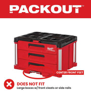 X mark: does not fit large Packout boxes with front cleats or side rails, center front feet circled