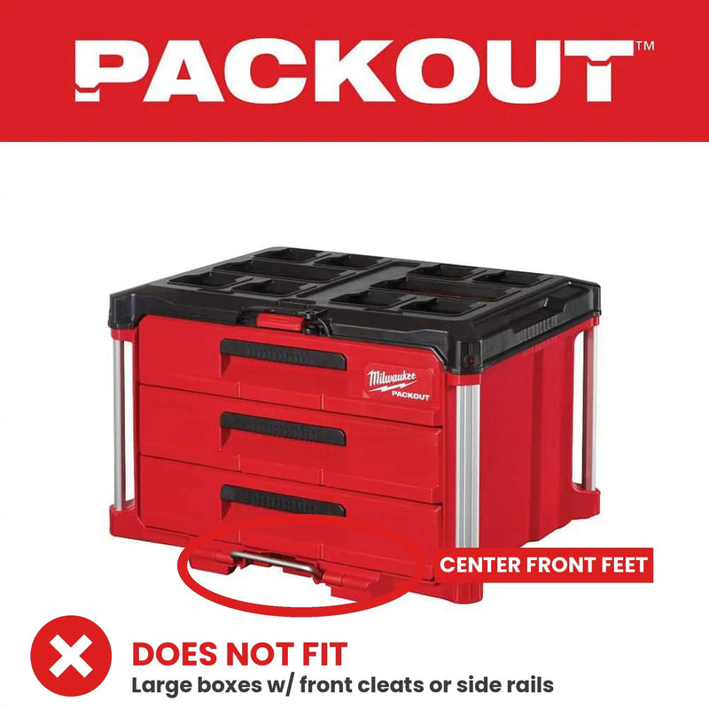 X mark: does not fit large Packout boxes with front cleats or side rails, center front feet circled