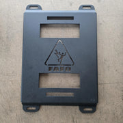 Black powder coated Klein MODbox half width mounting plate with FAFO plasma cut graphic