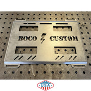 mounting plate for klein, raw steel with lightning bolt cut-out design