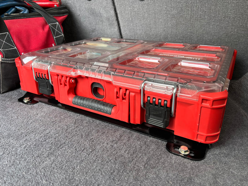 milwaukee toolbox in mounting plate installed in a vehicle