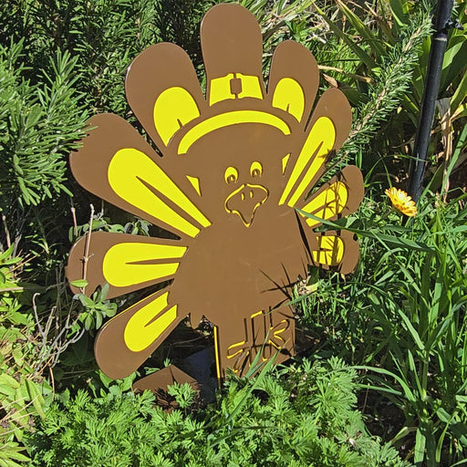 11.75-inch Turkey yard art made of dual-layer 14-gauge steel with professional brown and yellow powder coat finish for Thanksgiving decor.