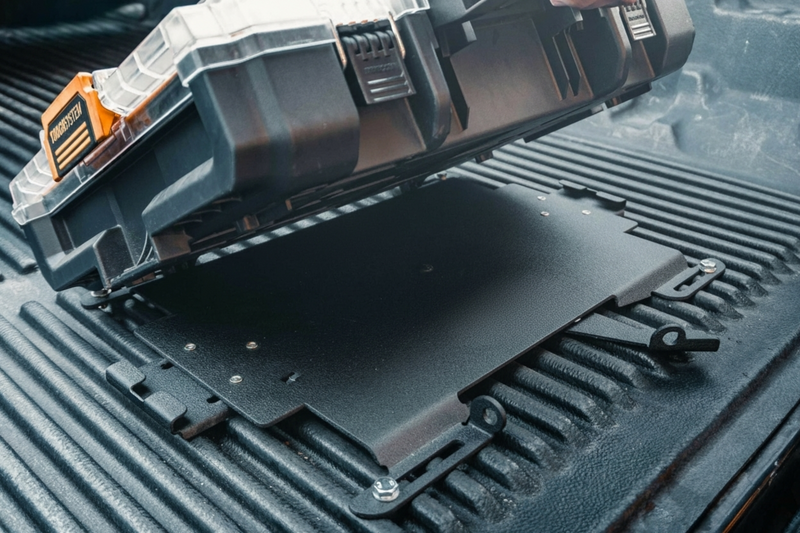 DeWalt ToughSystem 2.0 wall mount plate side view showing powder-coated 10-gauge steel finish