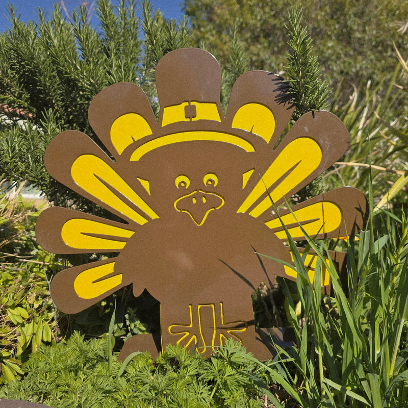 11.75-inch Turkey yard art made of dual-layer 14-gauge steel with professional brown and yellow powder coat finish for Thanksgiving decor.